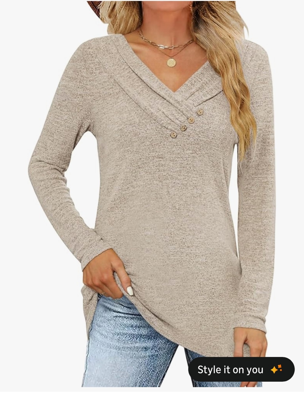V-Neck Long Sleeve Tunic Top in Light Taupe